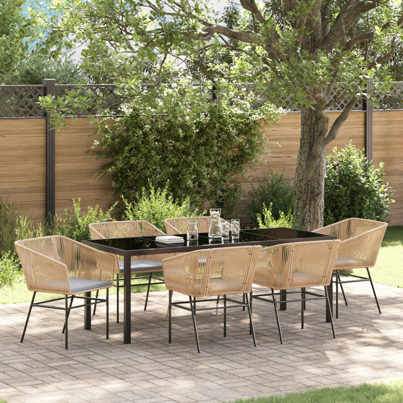 7-teiliges Garten-Ess-Set mit Kissen Braun Poly Rattan