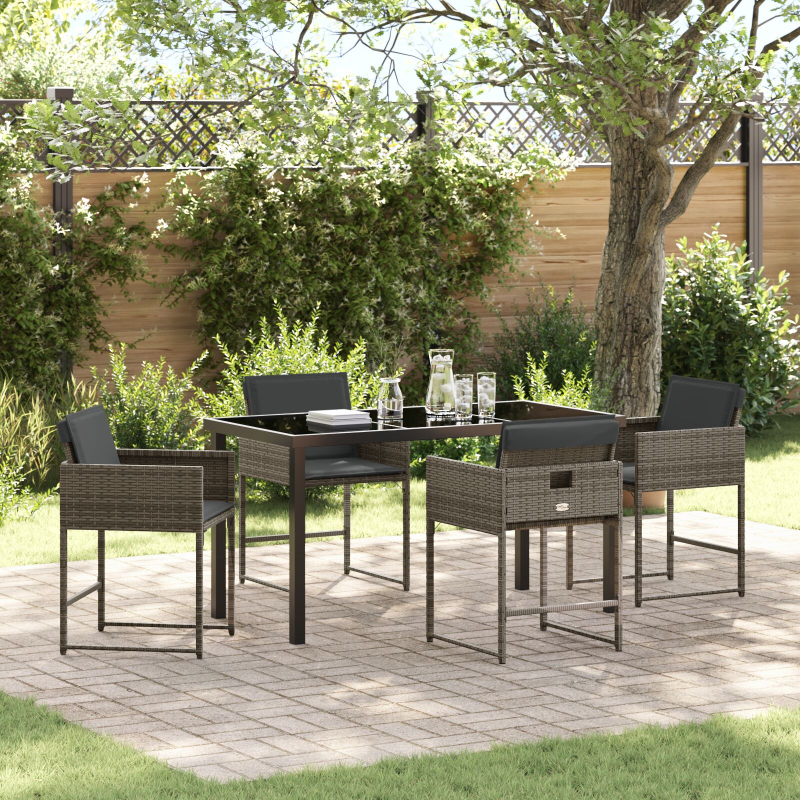 5-teilige Garten-Essgruppe mit Kissen in Grau aus Poly-Rattan
