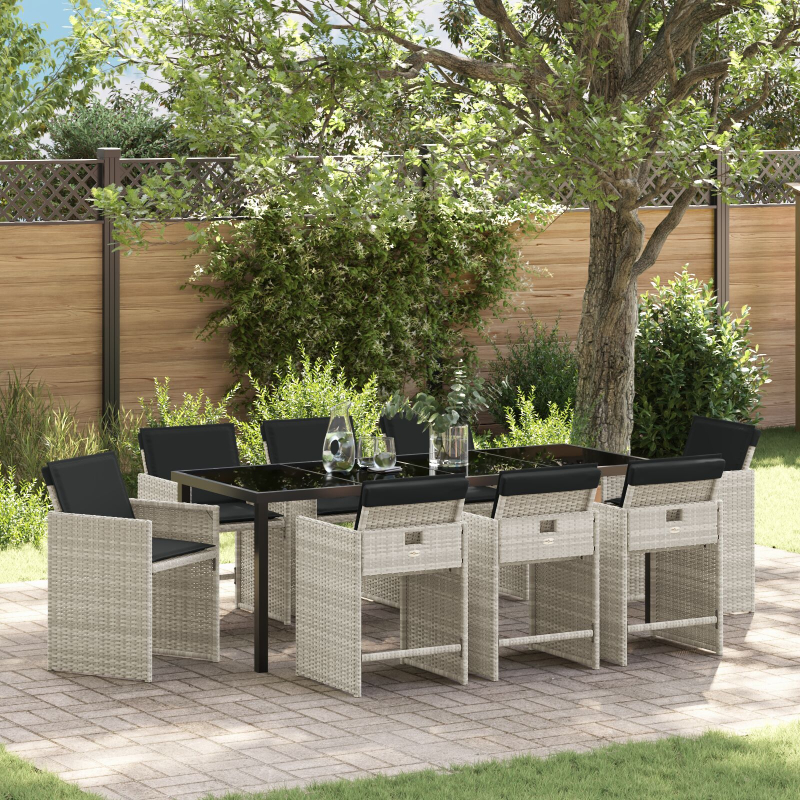 9-teiliges Garten-Essset mit Kissen Hellgrau Poly-Rattan