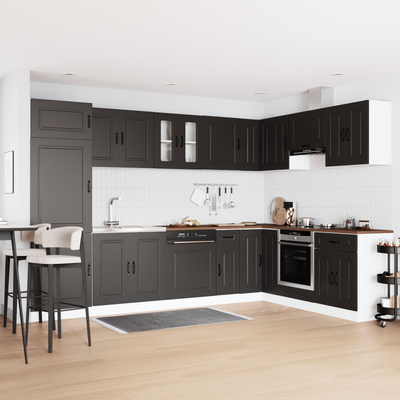 Küchen Schrank Kalmar mit Doppelbecken Schwarz Holzwerkstoff