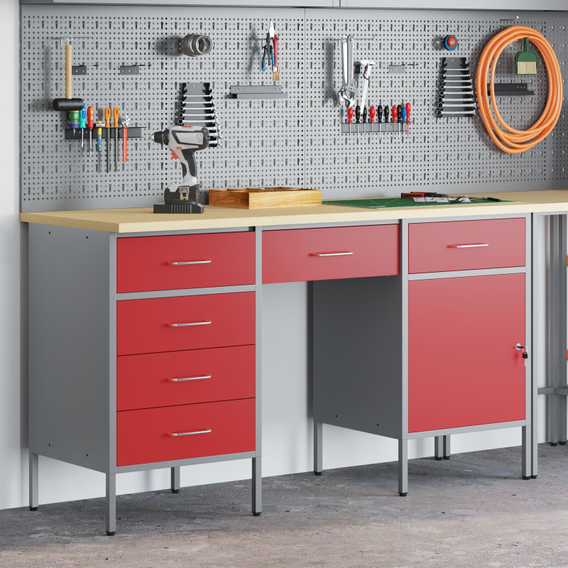 3-teiliges Werkstatt- und Tischset in Rot aus beschichtetem Holz und Stahl