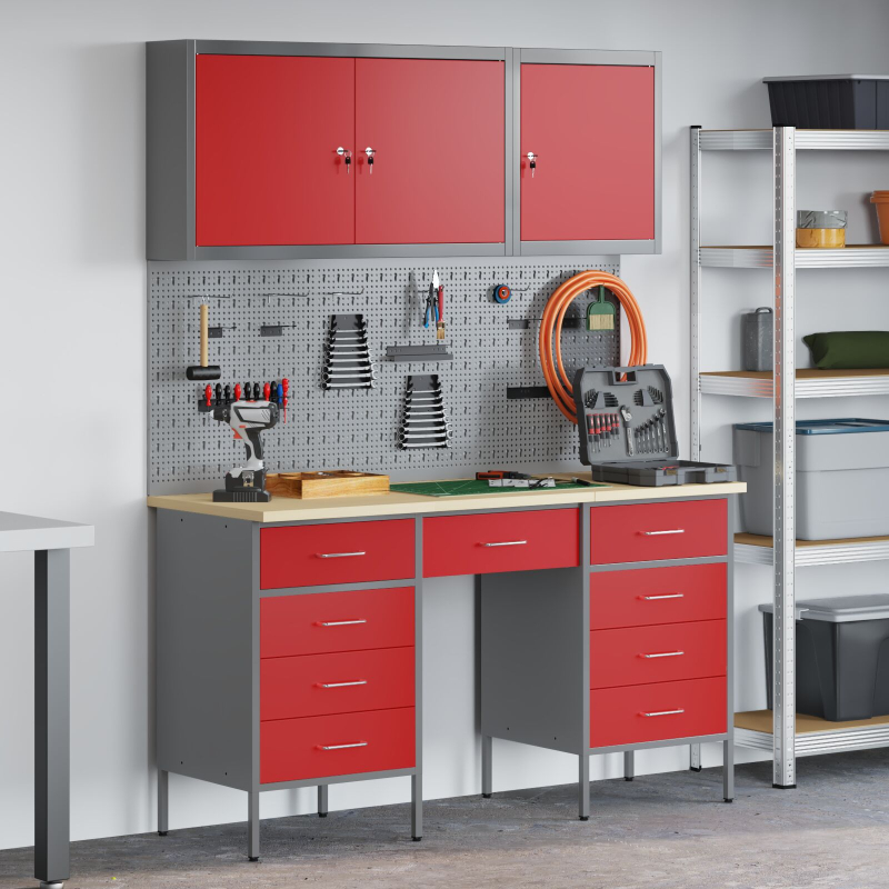 8-teiliges Werkstattschrank- und Pegboard-Set in Rot aus MDF und Metall