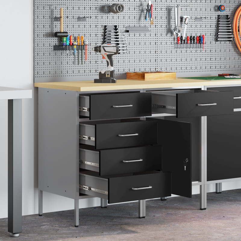 2-teiliges Werkstattschrank-Set in Schwarz und Grau aus Holzwerkstoff und Stahl
