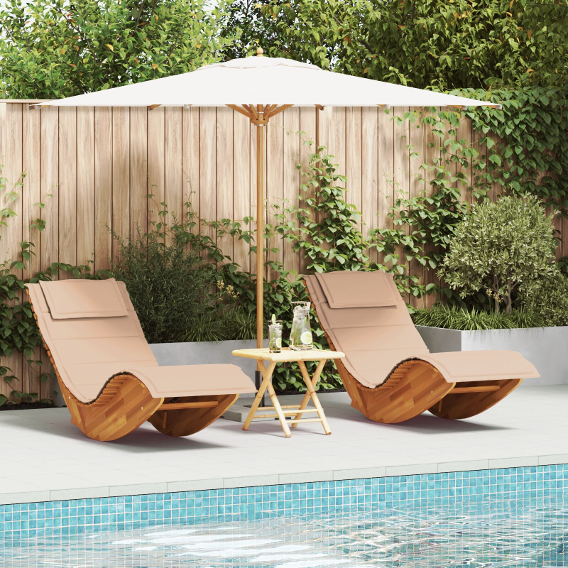 Sonnenliege Set aus 2 Beige Holz und gepolsterter Stoff Groß