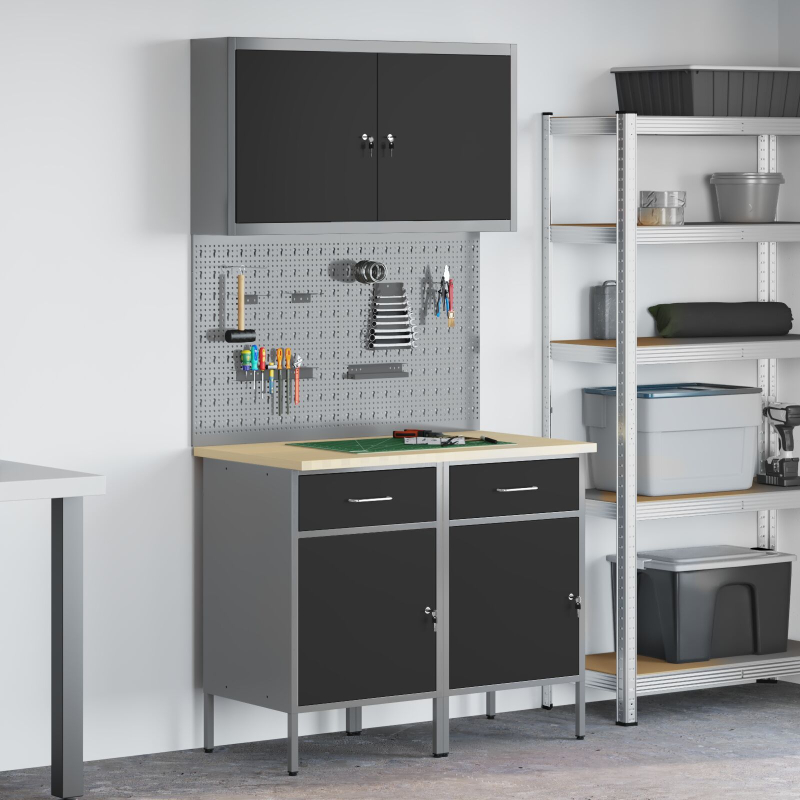 5-teiliges Arbeitszimmerschrank- und Lochplatten-Set Schwarz MDF und Metall