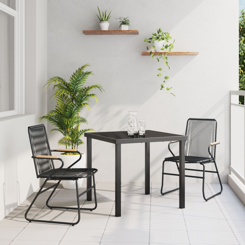 3-teilige Garten-Essgruppe Schwarz PVC Rattan