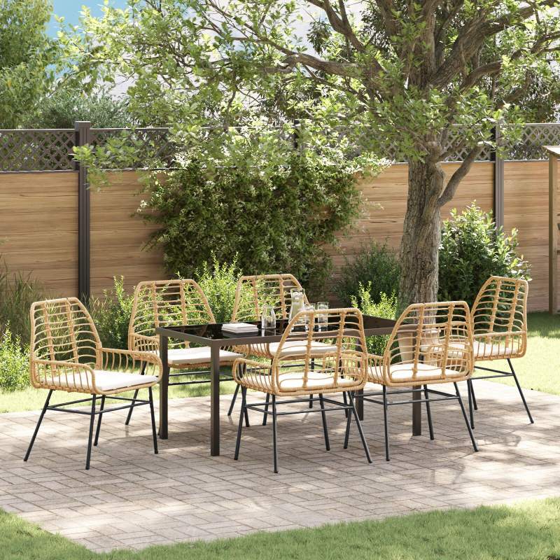 7-teiliges Garten-Essset mit Polstern Braun Poly-Rattan