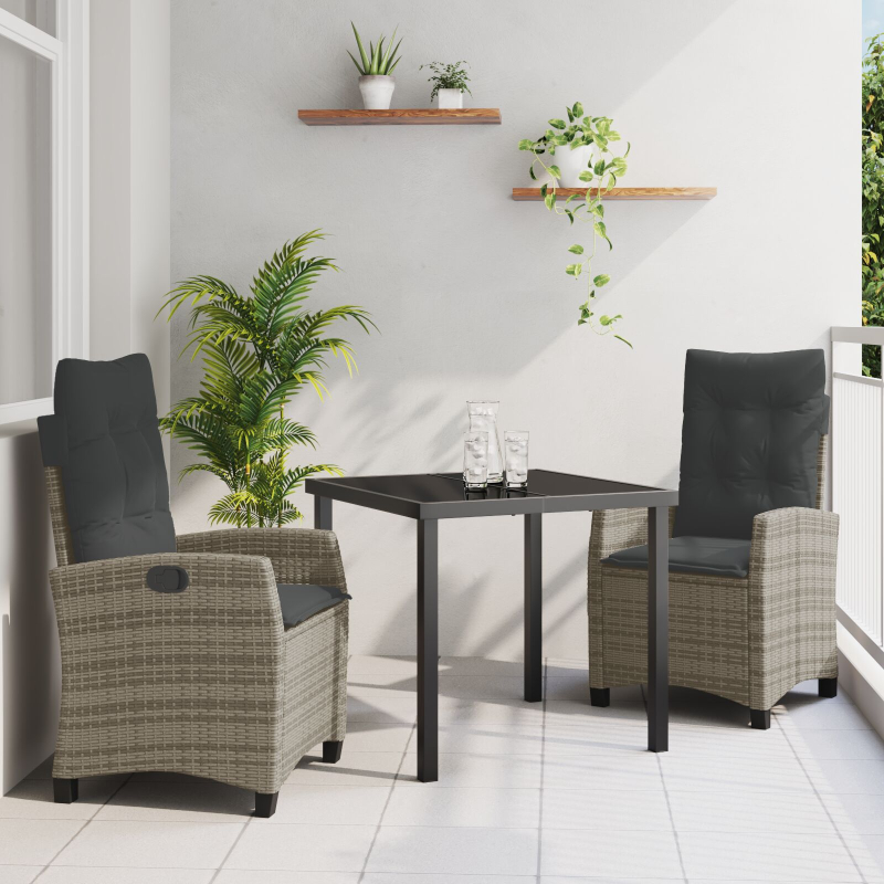 3-teilige Garten-Esstischgruppe mit Kissen Grau Poly Rattan