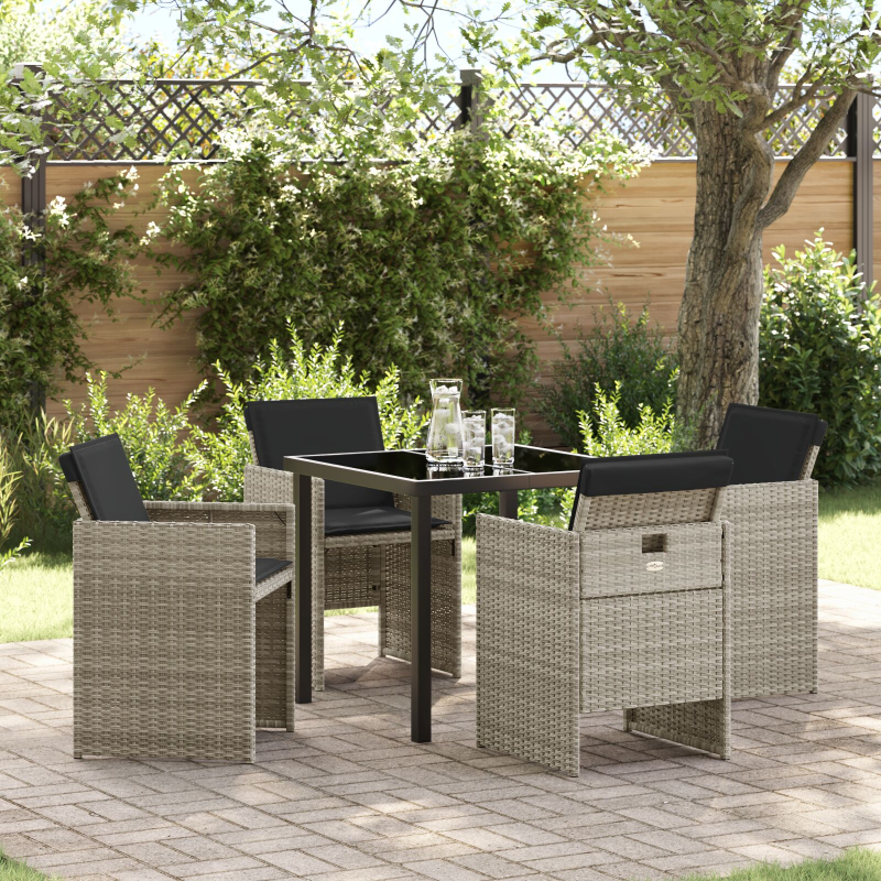5-teiliges Garten-Essgruppen-Set mit Kissen, hellgrau, Poly-Rattan