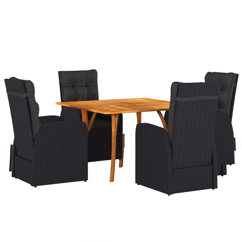 5-teiliges Garten Esszimmer Set mit Kissen Schwarzes Poly-Rattan Akazie
