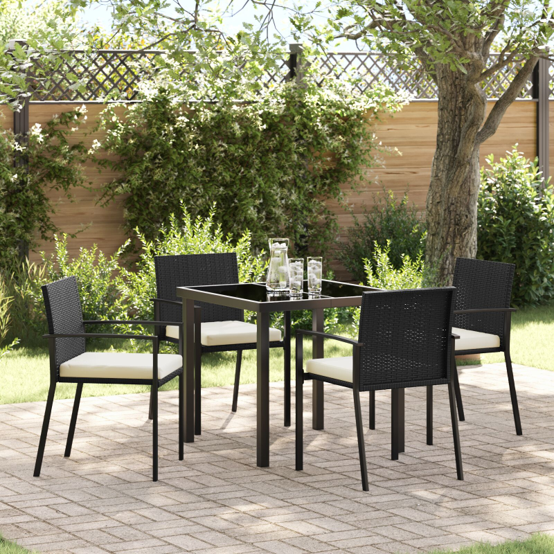 5-teiliges Garten-Esstischset aus schwarzem Poly-Rattan