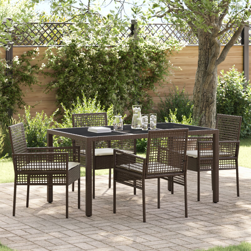 5-teiliges Garten-Ess-Set mit Kissen Braun Poly Rattan
