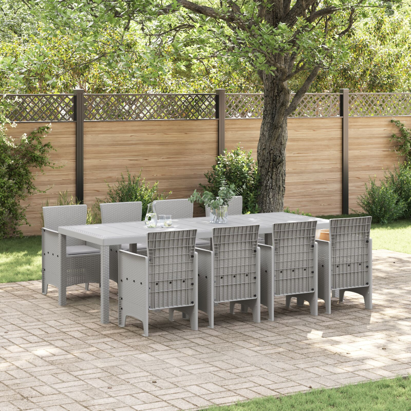 9-teiliges Garten-Ess-Set mit Kissen Weiß Poly Rattan