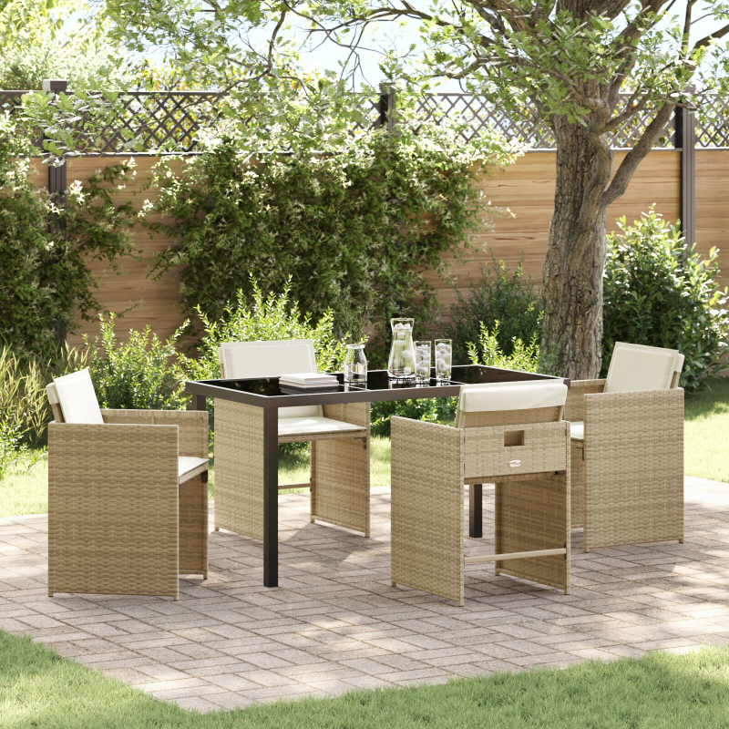 5-teiliges Garten-Dining-Set mit Kissen Beige Poly-Rattan