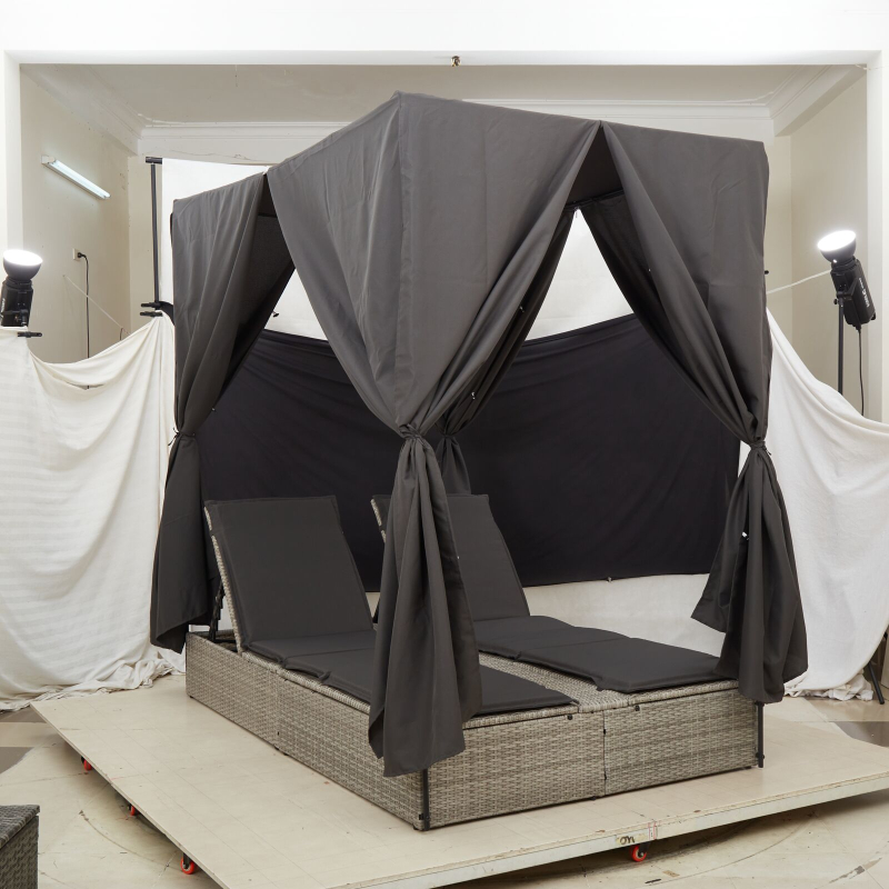 Outdoor-Betten Hellgrau Rattan Standard Tagesbett mit Baldachin