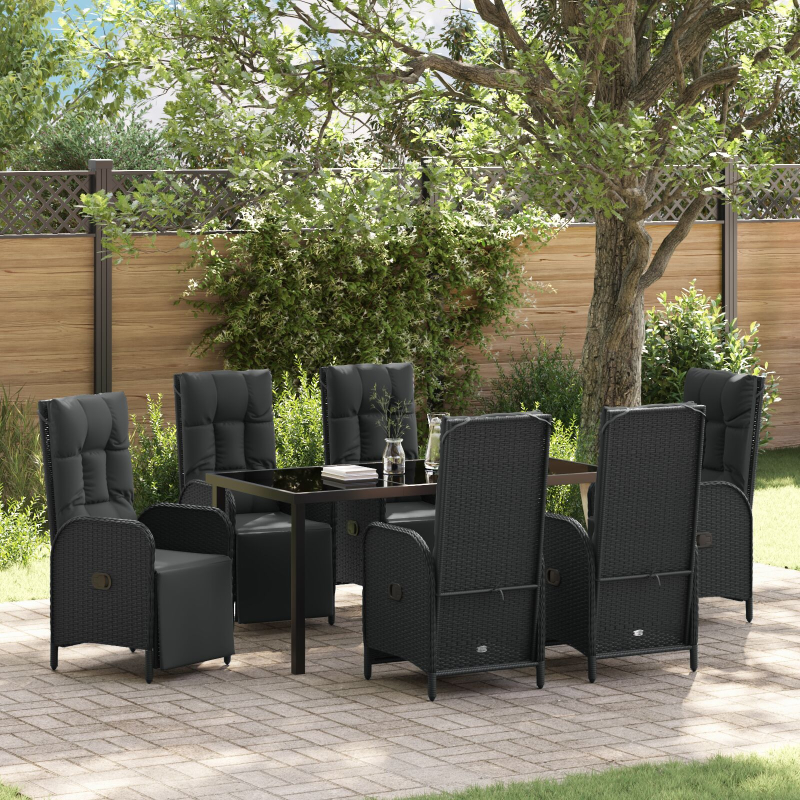 7-teiliges Garten Esszimmer Set mit Kissen aus schwarzem Poly-Rattan