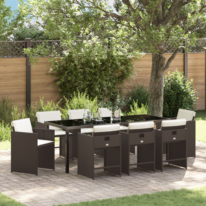9-teiliges Garten-Ess-Set mit Kissen Braun Poly Rattan