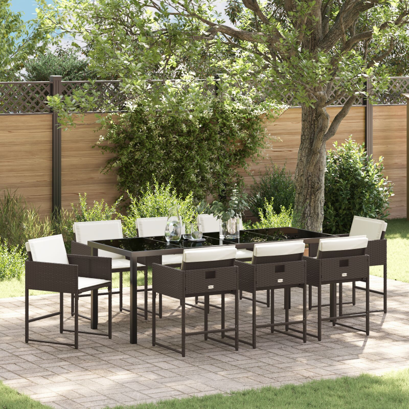 9-teiliges Garten Essset mit Kissen Braun Poly Rattan
