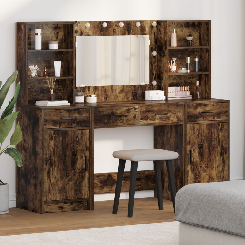 3-teiliges Schminktisch-Set aus rauchigem Eichenholz und beschichtetem Holz