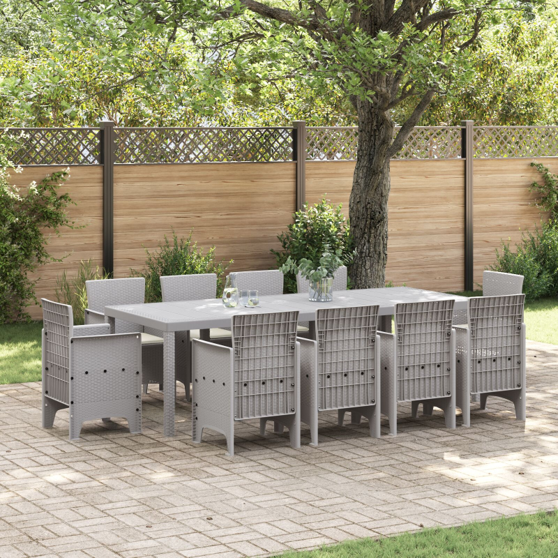 11-teiliges Garten-Esszimmer-Set mit Kissen - Hellgraues Poly-Rattan