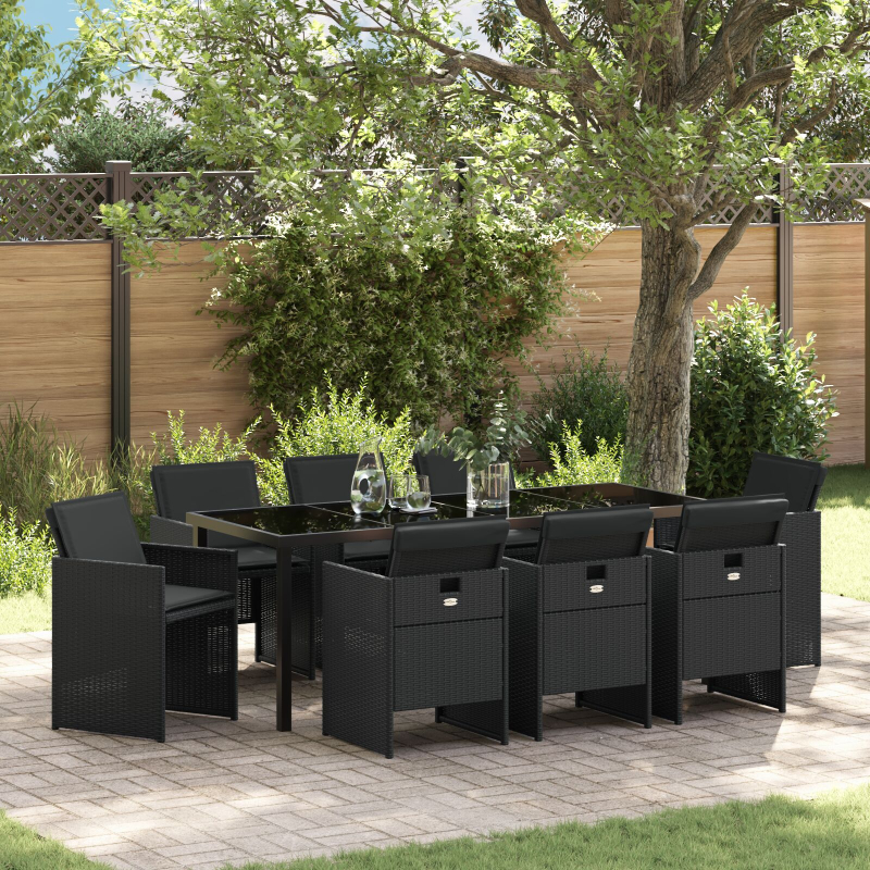 9-teilige Garten Essgruppe mit Kissen - Schwarzes Poly-Rattan