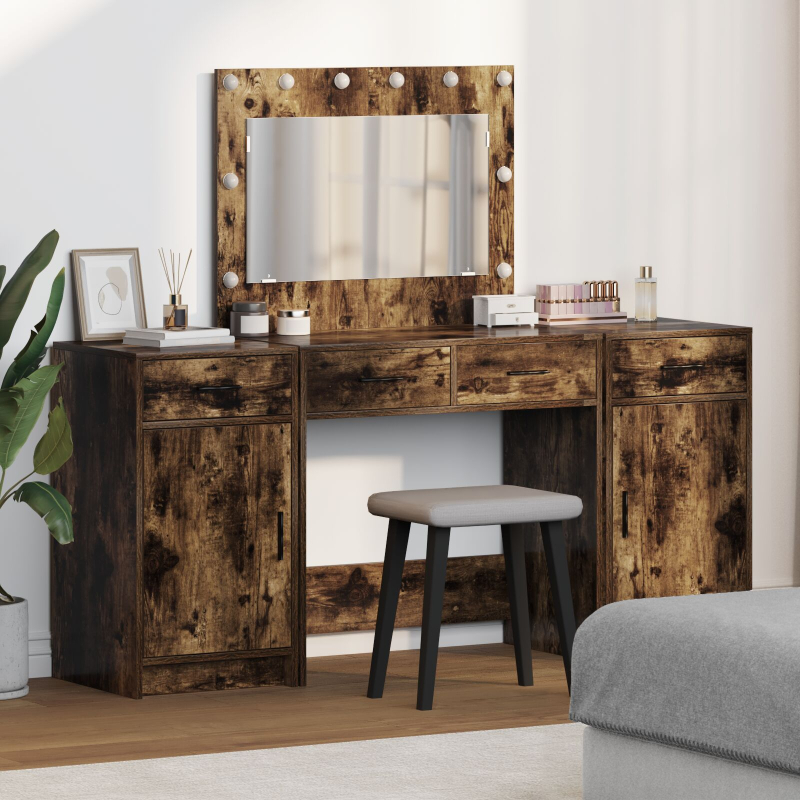 3-teiliges Schminktisch-Set mit LED in geräuchertem Eichenholz