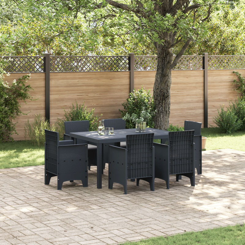 7-teiliges Garten-Essbereich mit Kissen Anthrazit Poly-Rattan