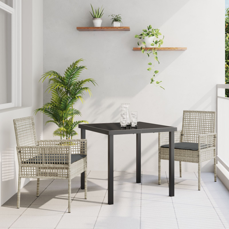 3-teilige Garten-Essgruppe mit Kissen Hellgrau Poly Rattan