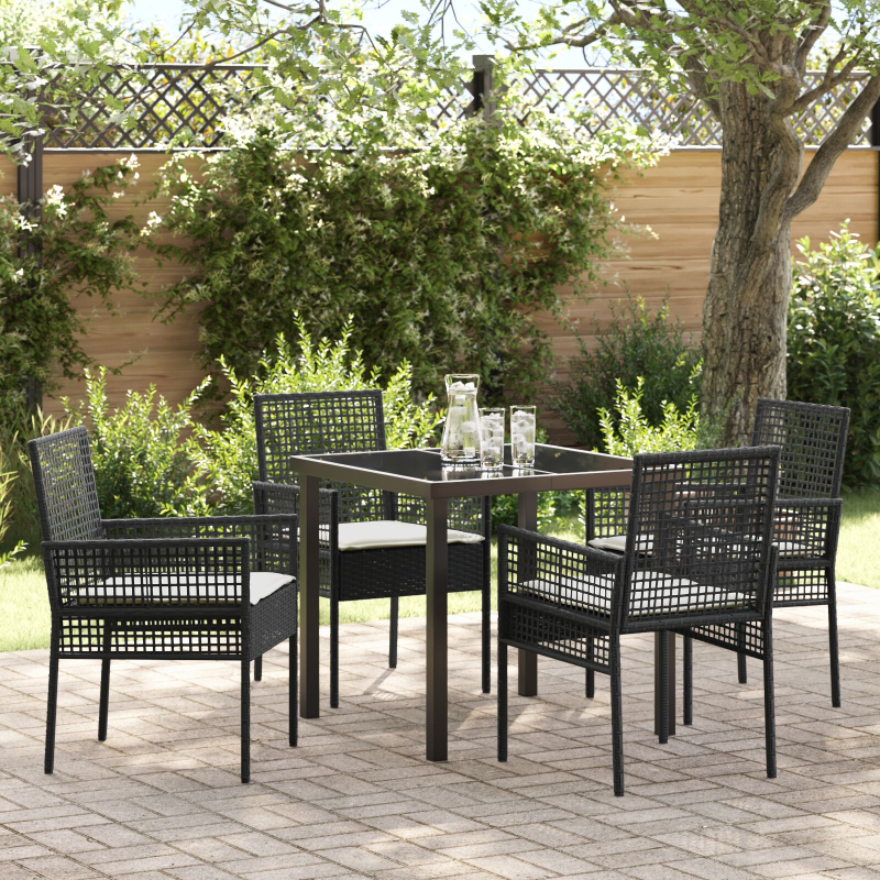 5-teiliges Garten Essset mit Kissen aus schwarzem Poly Rattan