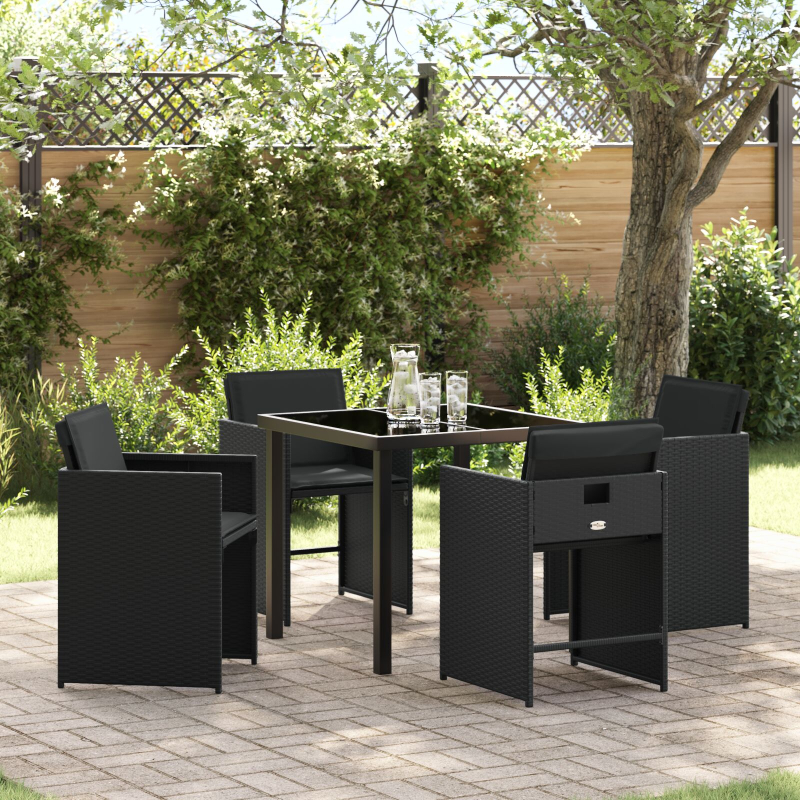 5-teiliges Garten-Essset mit Kissen Schwarz Poly-Rattan