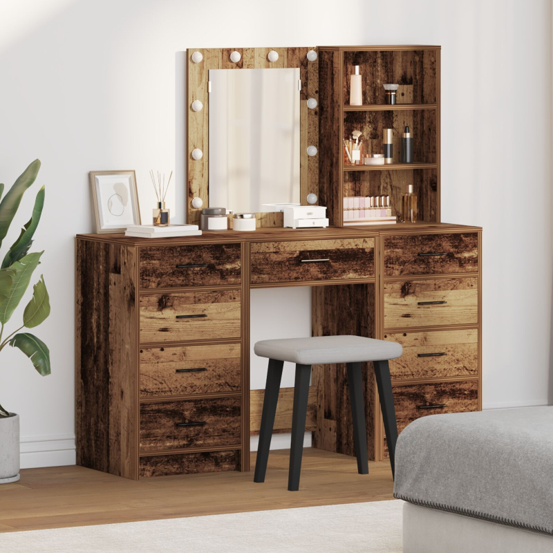 3-teiliges Frisiertisch Set mit LED im alten Holzfinish