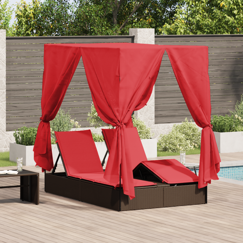 Doppelte Sonnenliege Set aus 2 Braun und Rot Rattan und Polyester
