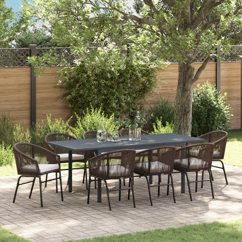 10-teiliges Garten Essset mit Kissen Braunes Poly-Rattan, Ausziehbarer Gartentisch Anthrazit (140-210)x90x73 cm Stahl