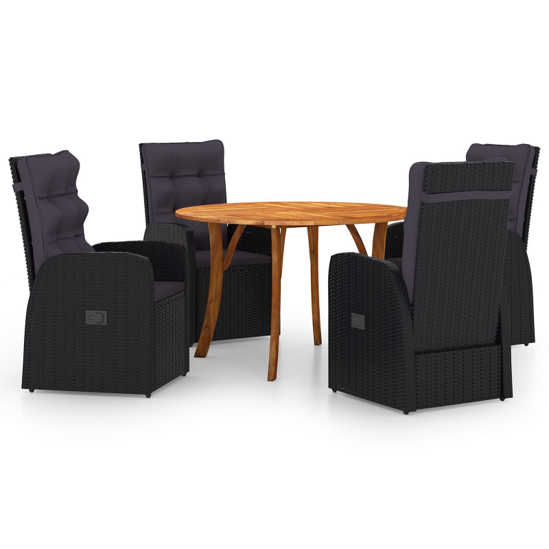 5-teiliges Garten-Essset mit Kissen Schwarz Poly Rattan Akazie