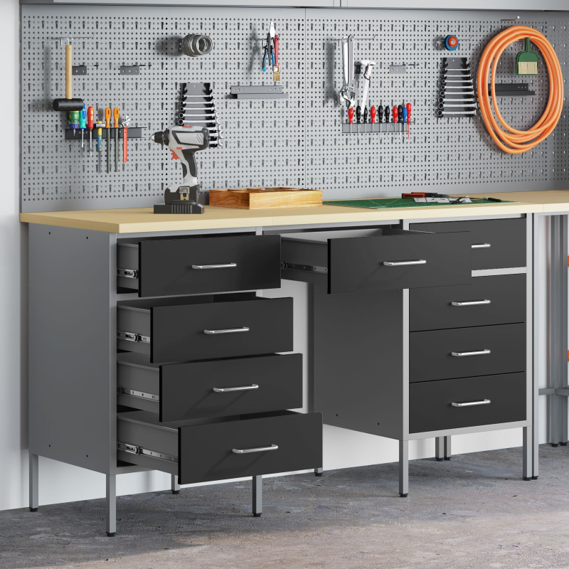 3-teiliger Arbeitsstellen- und Tisch-Satz Schwarz Ingenieurholz und Stahl