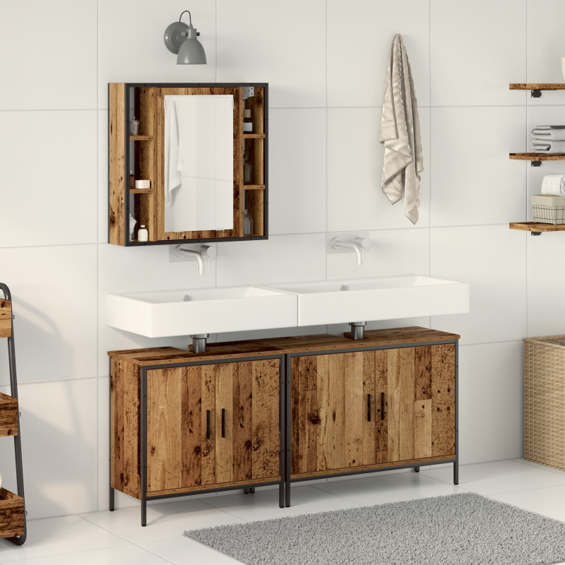 3-teiliges Badezimmermöbel Set Altholz