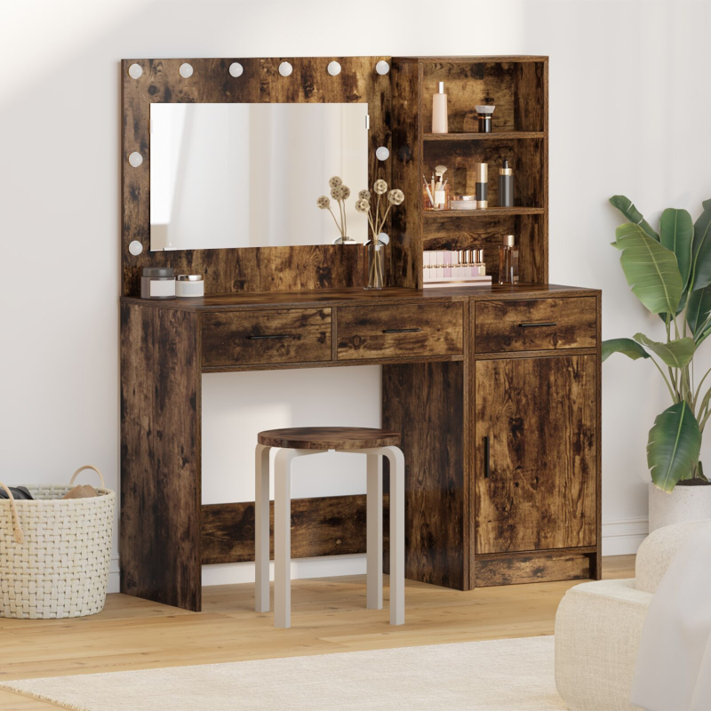 2-teiliges Schminktisch-Set mit LED in Raucheiche und Holzwerkstoff