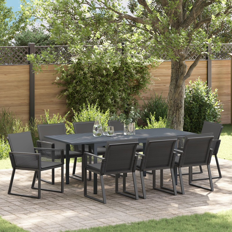 9-teiliges Garten-Essset mit Polstern Schwarz Poly Rattan, Erweiterbarer Gartentisch Anthrazit (140-210)x90x73 cm Stahl