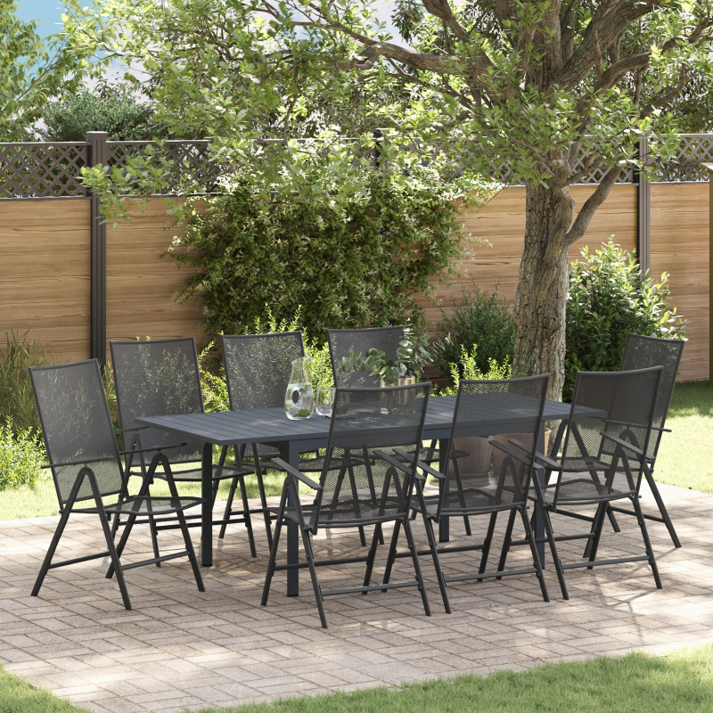9-teiliges Flurmöbel Set in Anthrazitstahl, Ausziehbarer Gartentisch in Anthrazit (140-210)x90x73 cm aus Stahl
