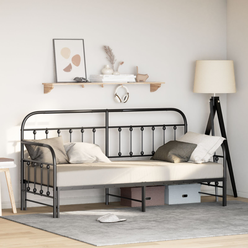 Tagesbettgestell mit Ausziehbett in Schwarz, 75x190 cm, aus Stahl