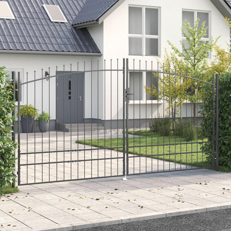 Gartentor mit Spear Top Doppelschwing Grau 200x400 cm Stahl