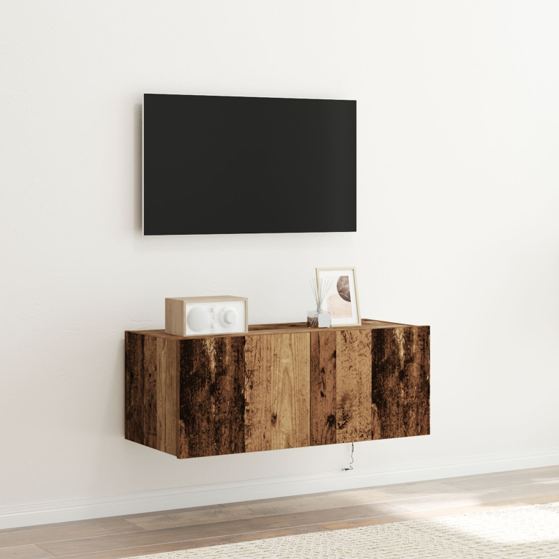 TV-Wandregal mit LED-Beleuchtung Altholz 80x35x31 cm