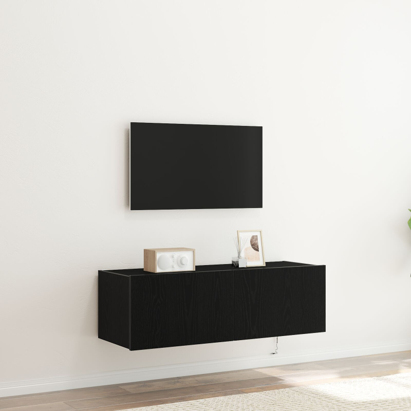 TV-Wandregal mit LED-Lichtern Schwarz Eiche 100x35x31 cm
