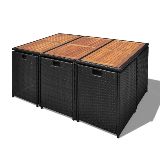 11-tlg. Garten-Essgruppe Poly Rattan Akazienholz Schwarz