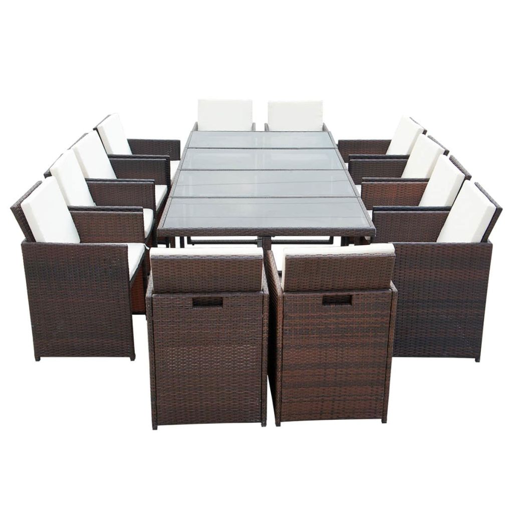 13-tlg. Garten-Essgruppe mit Auflagen Poly Rattan Braun