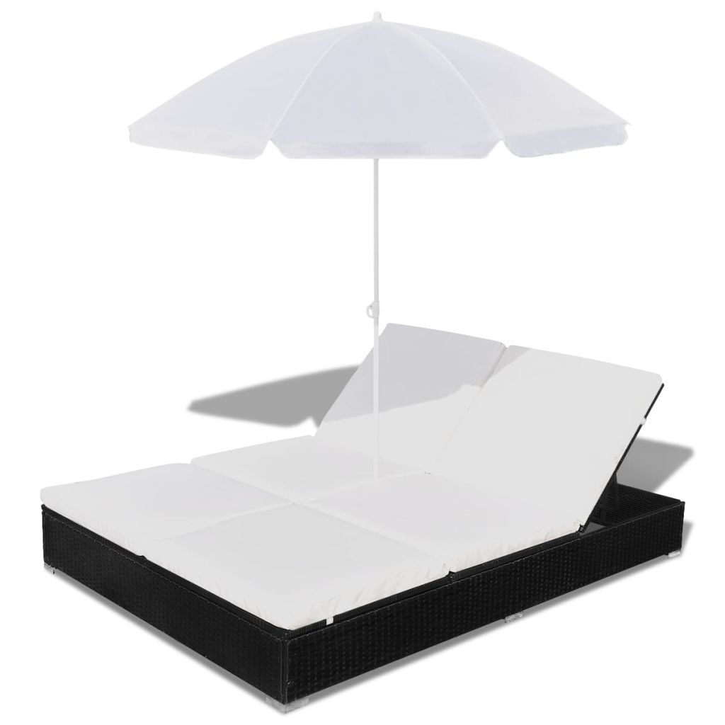 Outdoor-Loungebett mit Sonnenschirm Poly Rattan Schwarz