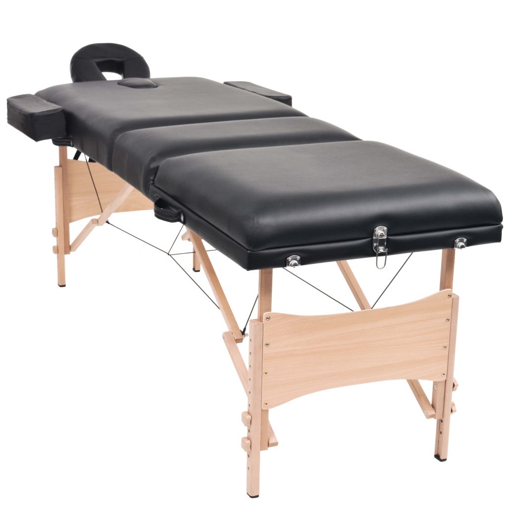 Massageliege 3 Zonen Klappbar mit Hocker 10 cm Polsterung Schwarz