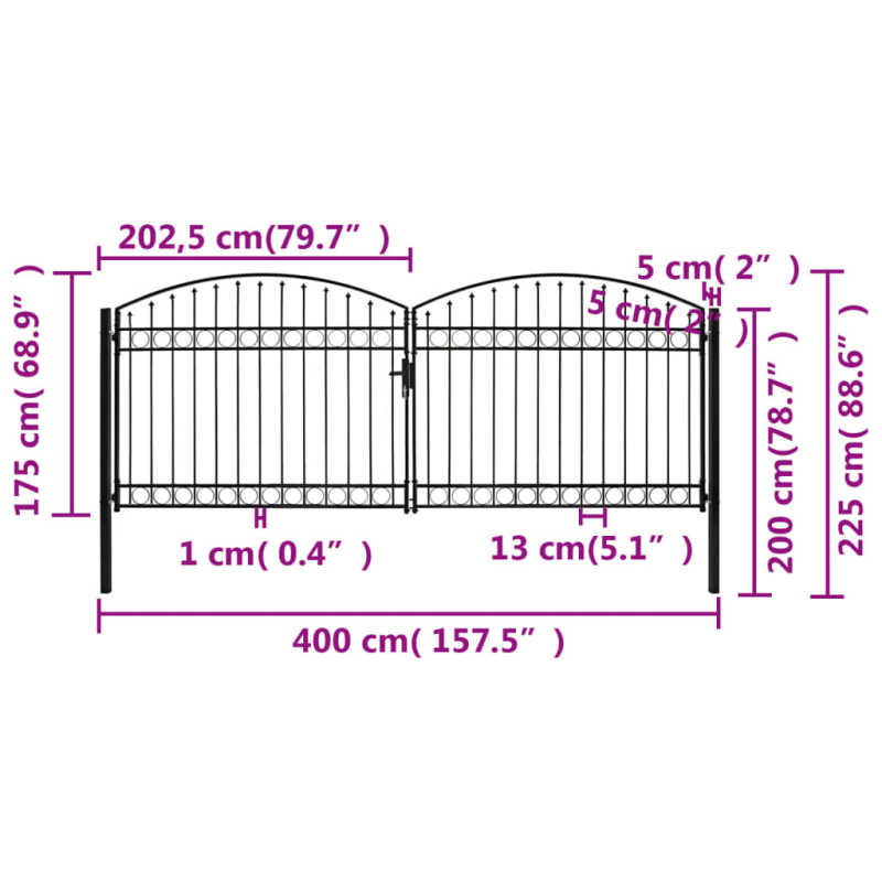 Zauntor Doppelflügel Gewölbte Spitze Stahl 400 x 175 cm Schwarz