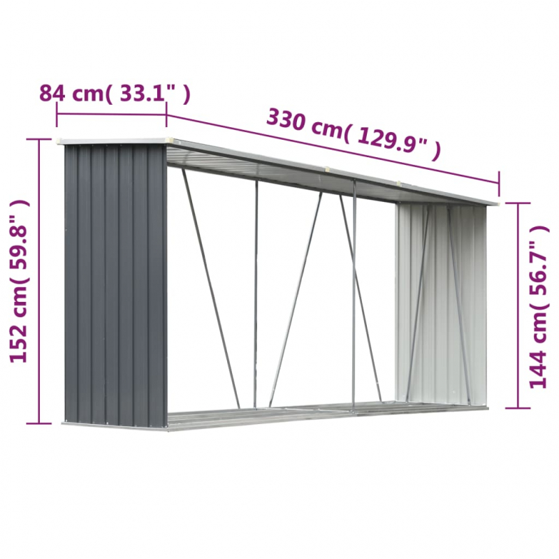 Brennholzlager aus verzinktem Stahl 330x84x152 cm Grau