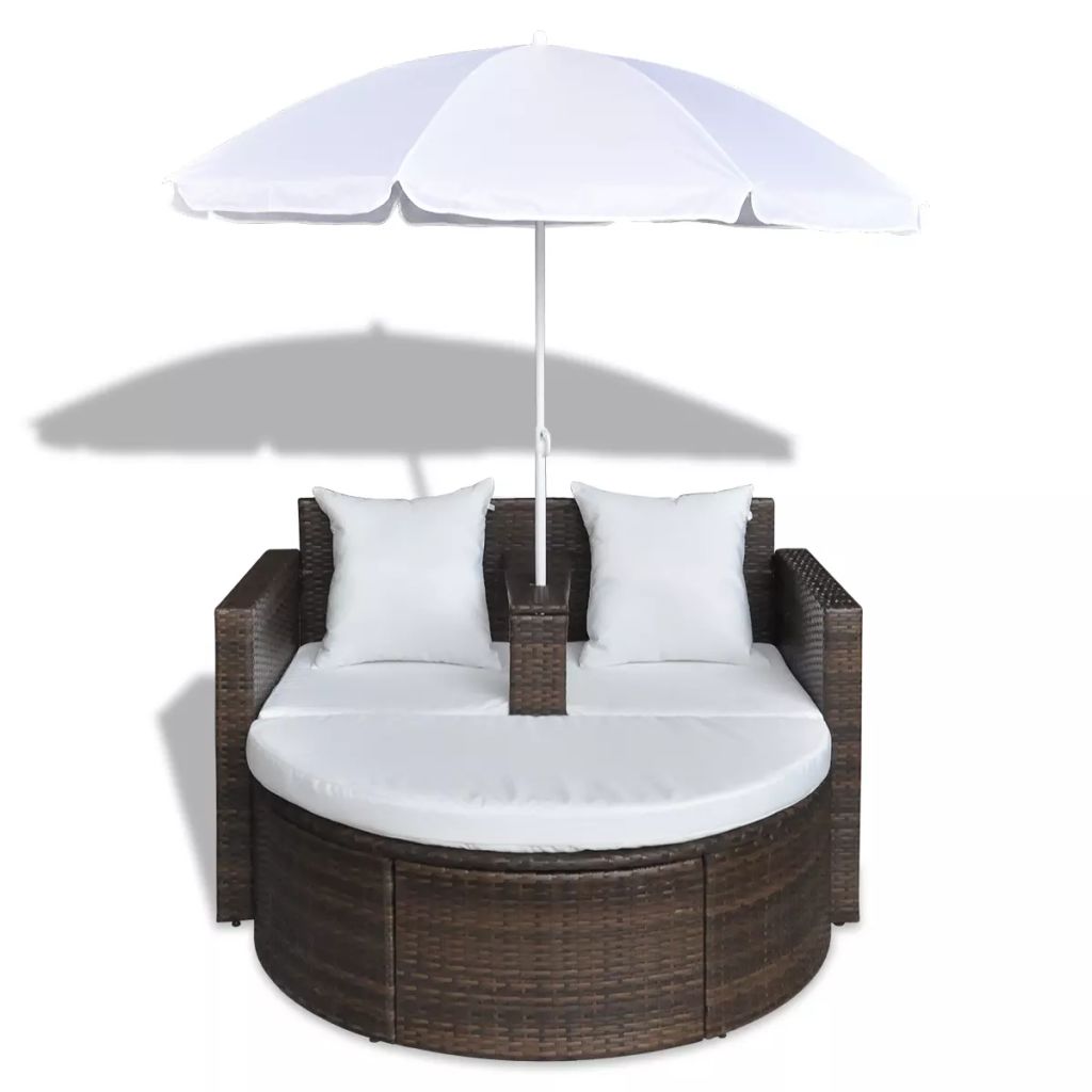 Gartenbett mit Sonnenschirm Braun Poly Rattan
